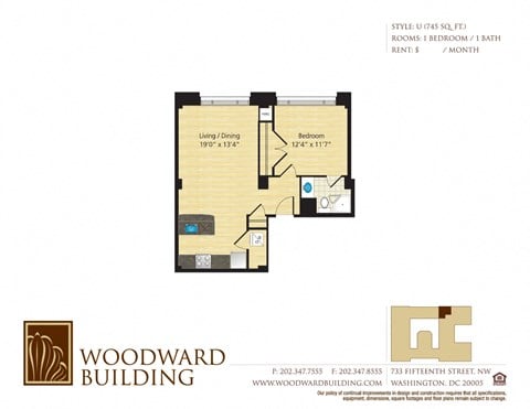 Floor plan for 1 bed, 1 bath, 745 sqft